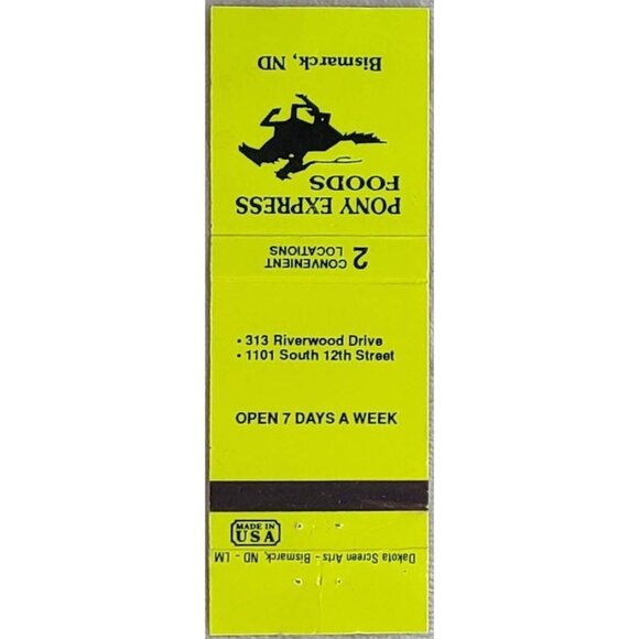 Vintage Matchbook Cover Pony Express Foods Bismarck ND North Dakota Neon Yellow - Picture 2 of 4